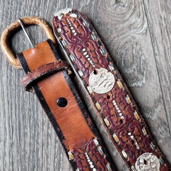 VTG Hand Tooled & Dyed Brown Leather Belt & Buckle sz 38 Native Eagle main image 6